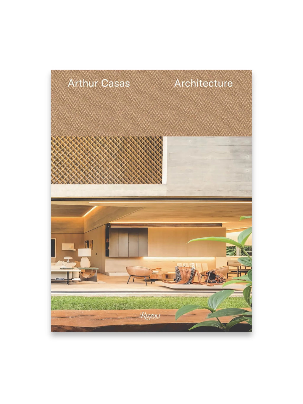 Book Arthur Casas: Architecture, featuring a textured tan cover with white text and a detailed image of a modern, open-concept living space with warm lighting and natural elements. This premium architecture book is perfect for design enthusiasts and professionals seeking inspiration from a renowned architect.