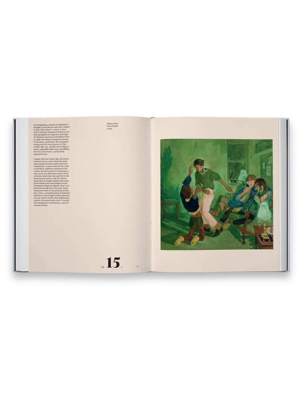Book Art in Flower: Finding Inspiration in Art and Nature, open to a vibrant spread featuring text on the left page and a full-color painting on the right. The painting, "Four Friends" by Salman Toor, depicts four young men in a room with striking green hues. This engaging art book is perfect for artists, art historians, and nature lovers seeking creative inspiration and insightful analysis.