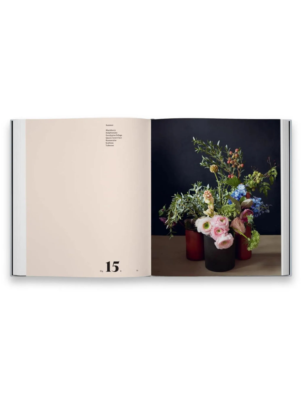 Book Art in Flower: Finding Inspiration in Art and Nature, open to a spread featuring a detailed floral arrangement in red and black vases on the right, and a "Summer" chapter page with a list of flowers like Blackberry and Ranunculus on the left. This elegant hardcover book is a perfect guide for florists and floral design enthusiasts seeking creative inspiration.