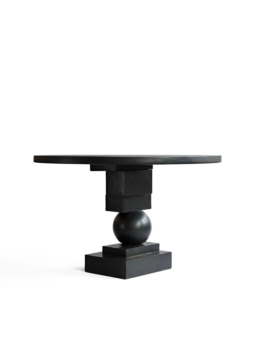 101 CPH Artist Dining Table, a premium matte black oak table with a sculptural base featuring stacked geometric blocks and a sphere, displayed on white. Perfect for modern luxury dining.