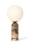 Decorative object with a spherical beige top and marbled cylindrical base on a white background