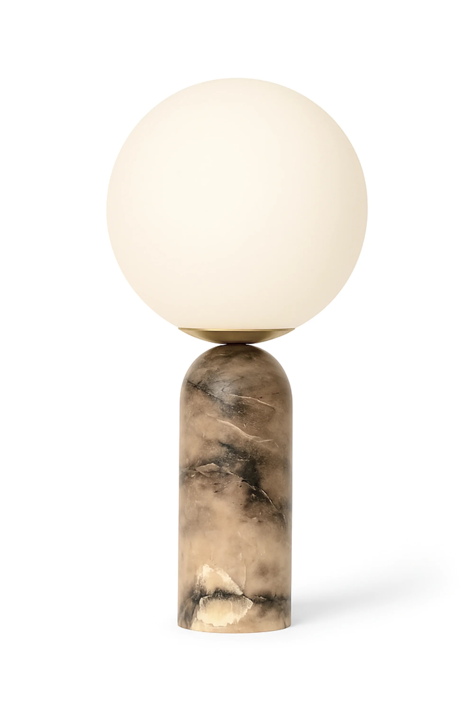 Decorative object with a spherical beige top and marbled cylindrical base on a white background