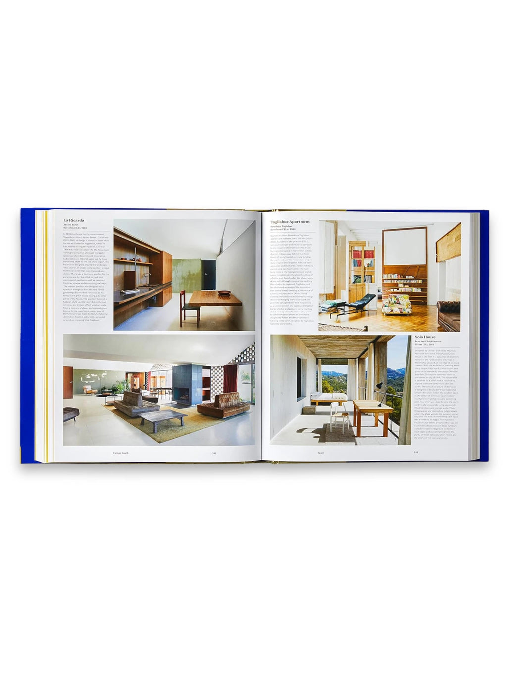 Book Atlas of Interior Design, an open hardcover book with a vibrant royal blue spine, showcasing glossy pages filled with professional photographs of modern and minimalist interior spaces, alongside detailed text descriptions. This comprehensive design book is perfect for interior design enthusiasts, architects, and students seeking inspiration and knowledge on contemporary interior architecture.