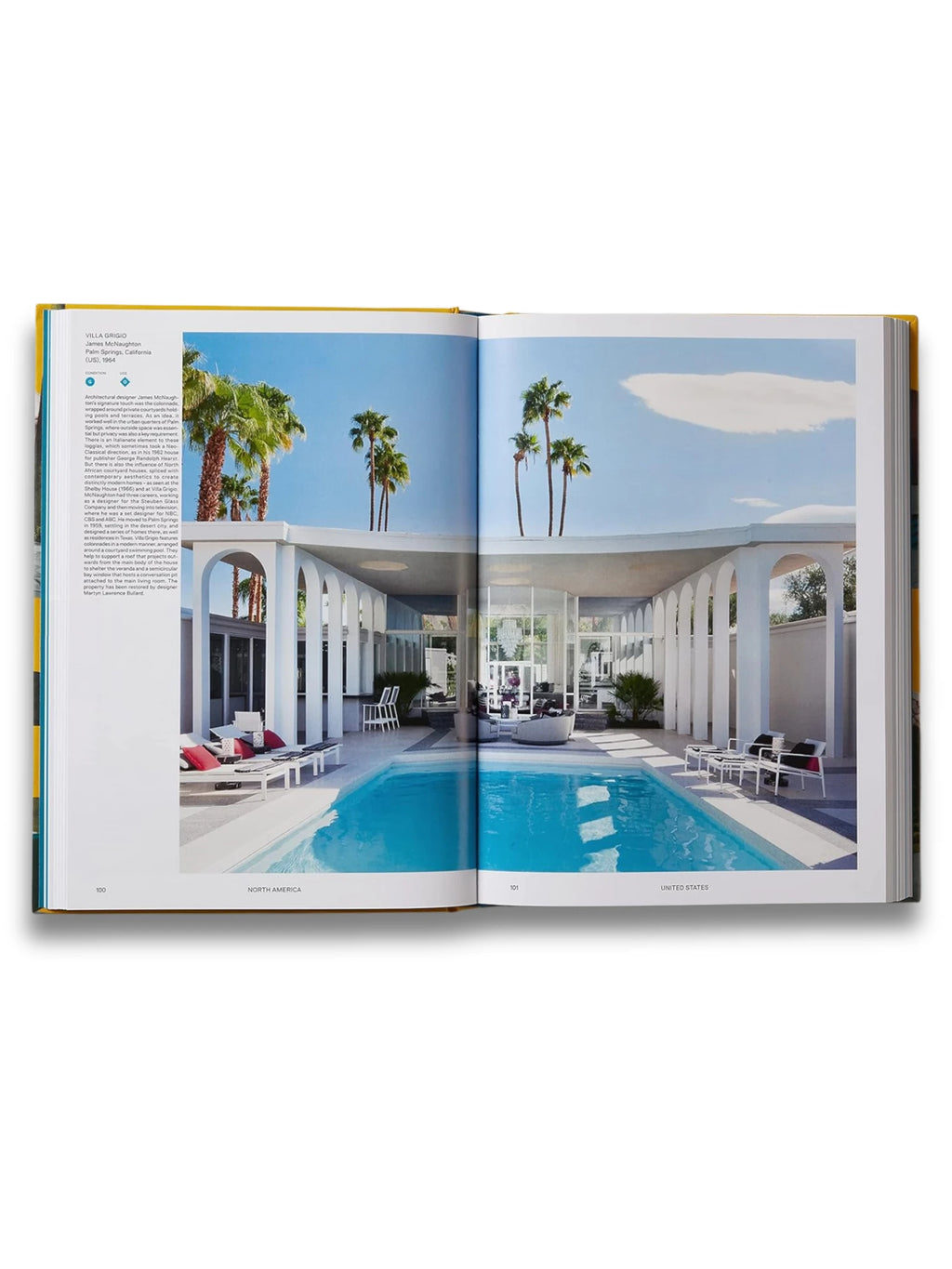 Book Atlas of Mid-Century Modern Houses, open to a vibrant spread featuring a luxurious Villa Grigio home with a bright blue swimming pool, white arched columns, and lush palm trees under a clear sky. This premium architectural book is perfect for design enthusiasts and collectors seeking inspiration from iconic mid-century modern homes.
