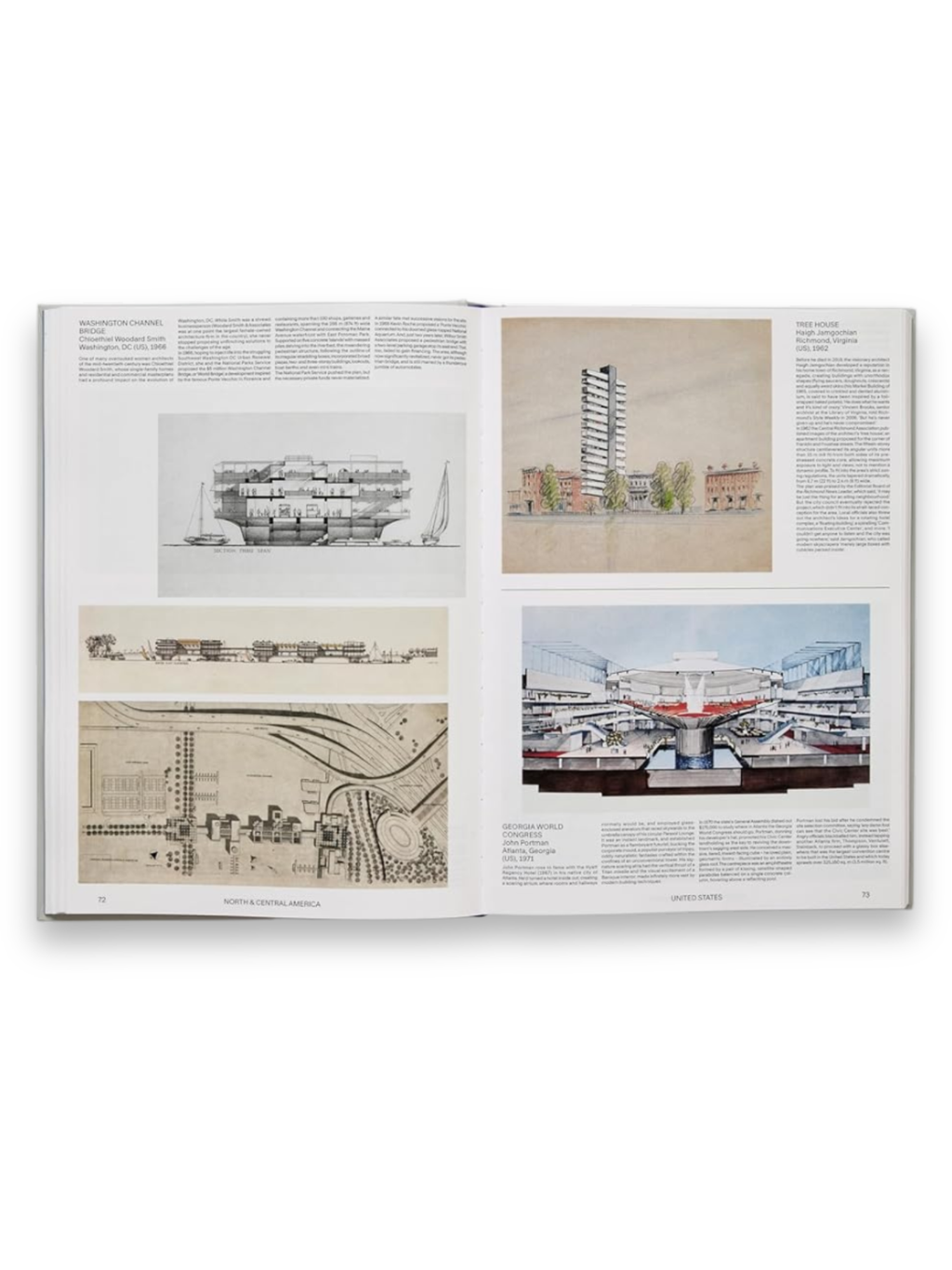 Book Atlas of Never Built Architecture, an open hardcover book displaying detailed architectural drawings and historical text on cream-colored pages. This premium reference book is perfect for architecture students, design enthusiasts, and history buffs.