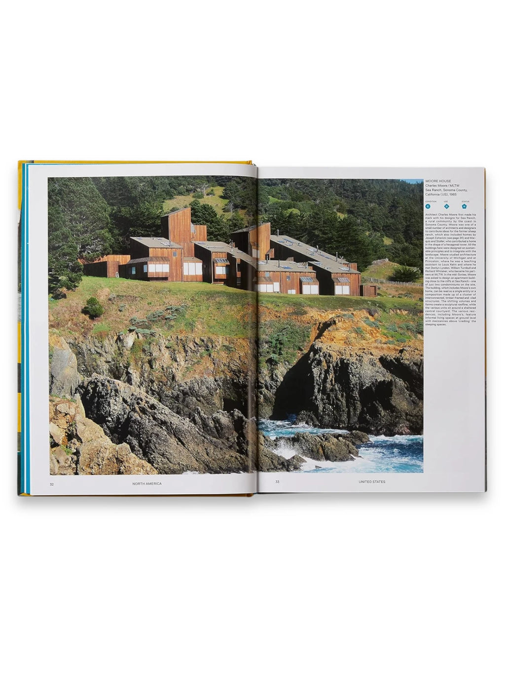 Book Atlas of Mid-Century Modern Houses, featuring an open spread with a vibrant full-color photograph of the Moore House at Sea Ranch, California, showcasing its distinctive timber-clad architecture nestled into a rugged, tree-lined coastal landscape above crashing waves. This visually rich publication is perfect for architecture enthusiasts, designers, and students seeking inspiration and historical context on iconic modern homes.