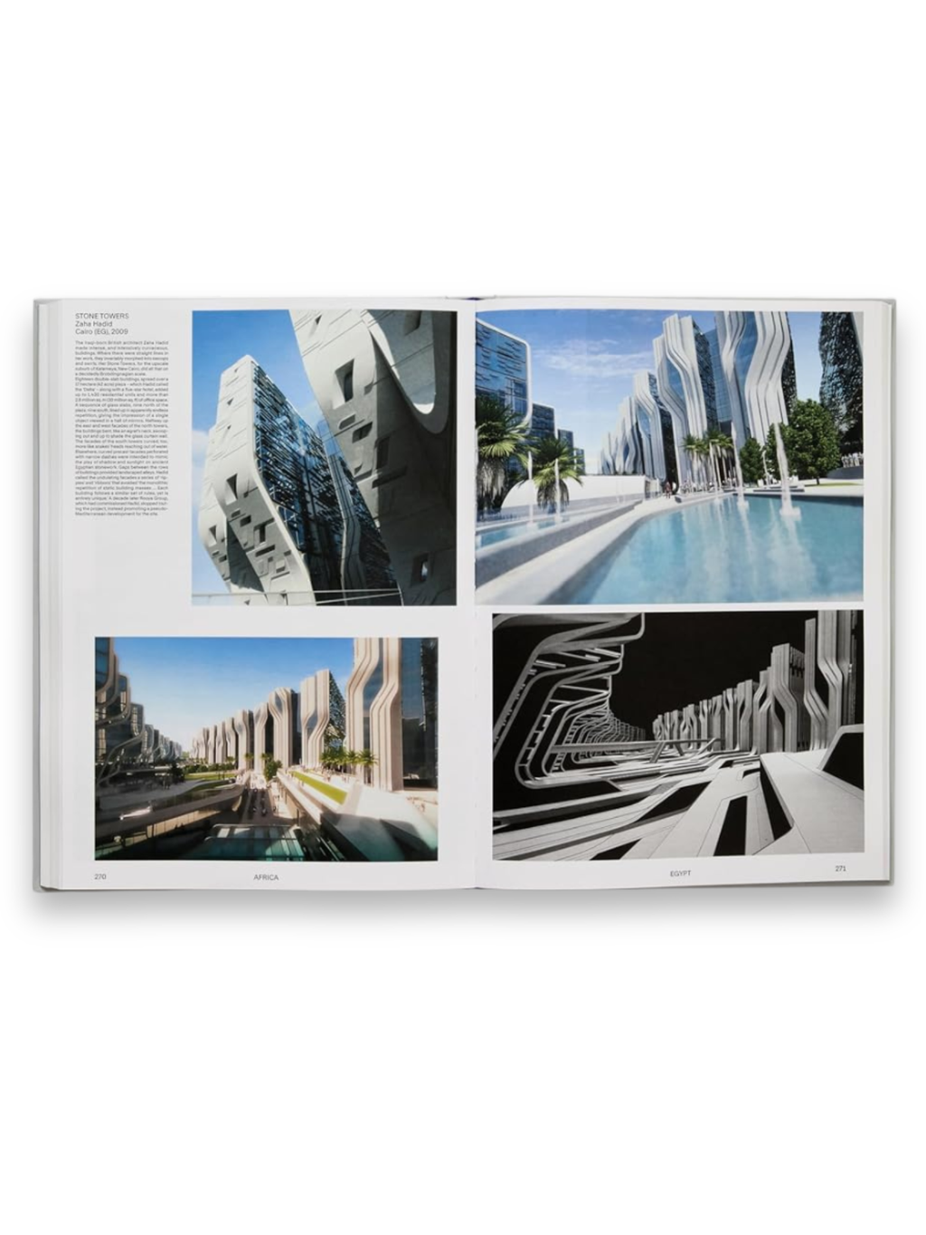 Book Atlas of Never Built Architecture, open to pages featuring detailed futuristic architectural renderings with white, wavy, and angular buildings, some with reflective glass, water features, and palm trees. This comprehensive architecture history book is perfect for design students, architects, and urban planning enthusiasts.