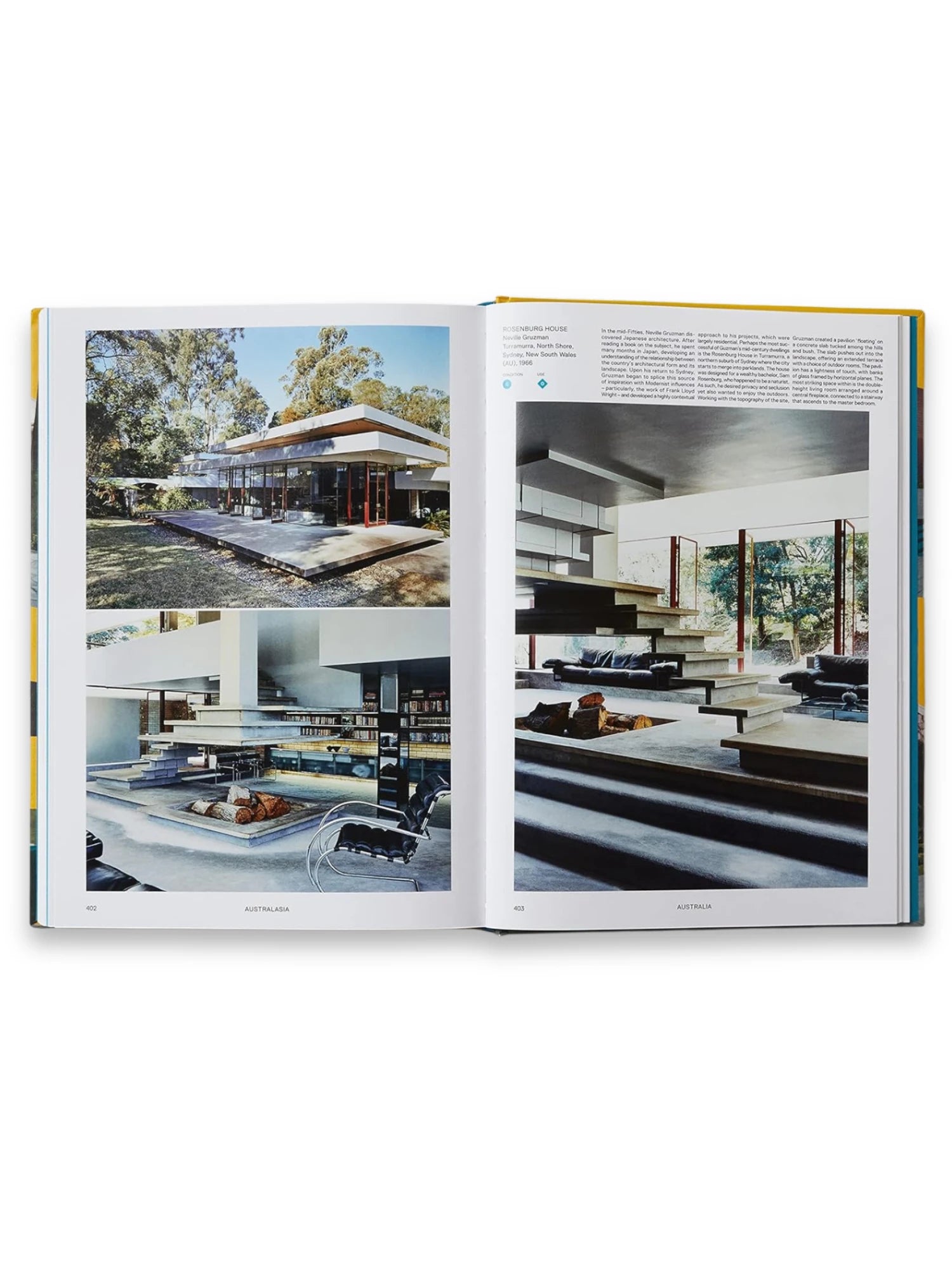 Book Atlas of Mid-Century Modern Houses, an open book displaying vibrant photographs of mid-century modern architecture and explanatory text. This essential architecture book is perfect for design enthusiasts, students, and professionals seeking inspiration and historical context.