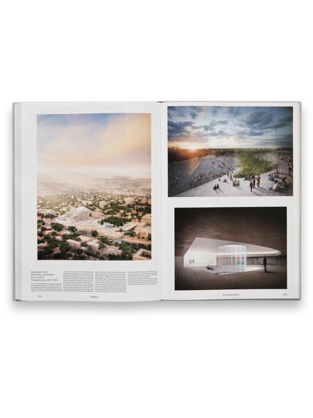 Book Atlas of Never Built Architecture, an open white hardcover book showcasing detailed architectural renderings and text descriptions of unbuilt projects, including an aerial view of a proposed city landscape and two ground-level designs with people. This insightful architecture book is perfect for design enthusiasts, students, and professionals interested in conceptual and theoretical architectural projects.