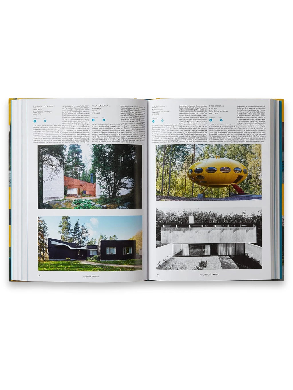 Book Atlas of Mid-Century Modern Houses, featuring an open spread with vibrant color and black & white photographs of iconic architectural designs, accompanied by detailed text descriptions. This premium architectural design book is perfect for enthusiasts of modern architecture and interior design.