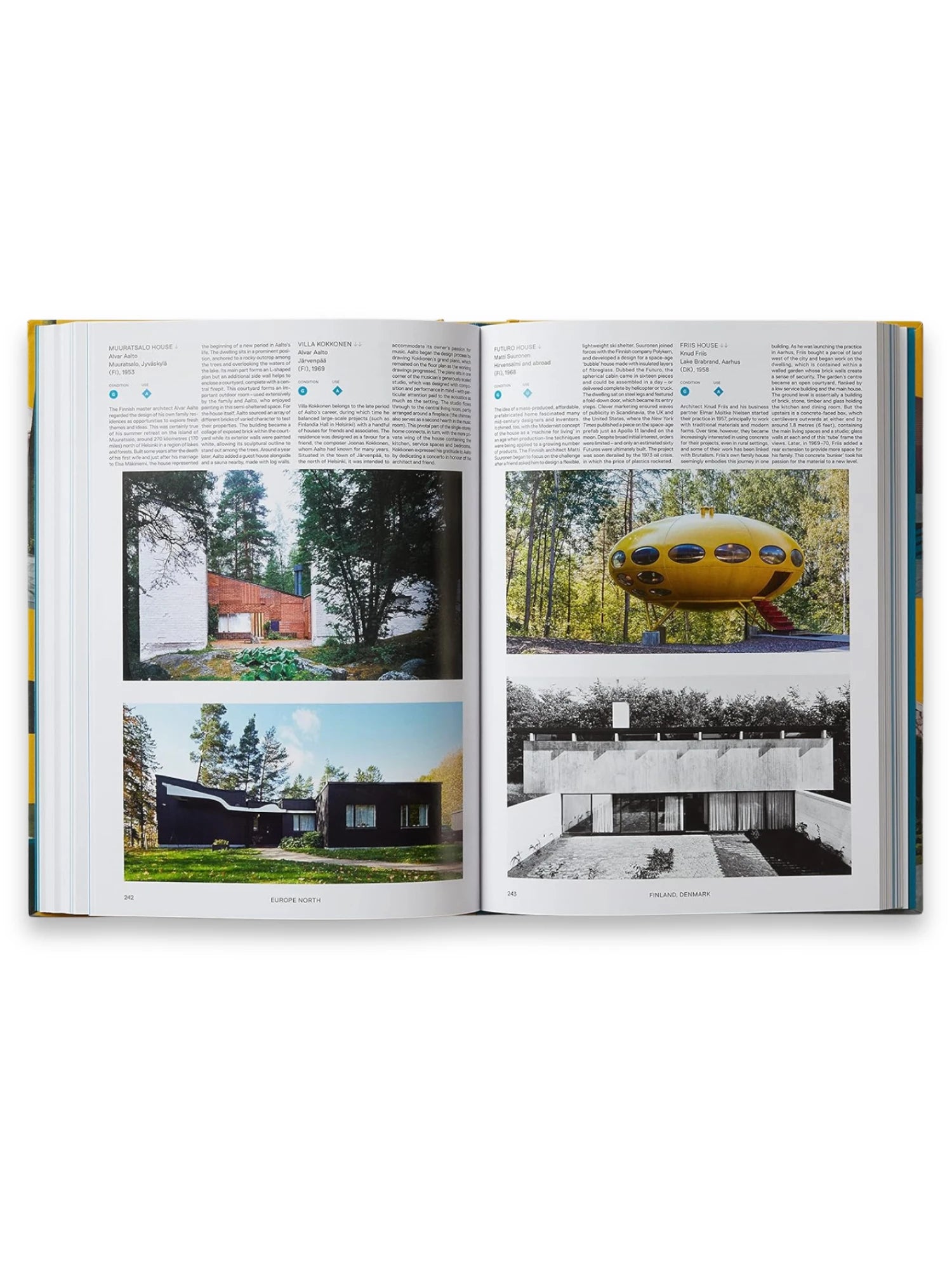 Book Atlas of Mid-Century Modern Houses, featuring an open spread with vibrant color and black & white photographs of iconic architectural designs, accompanied by detailed text descriptions. This premium architectural design book is perfect for enthusiasts of modern architecture and interior design.