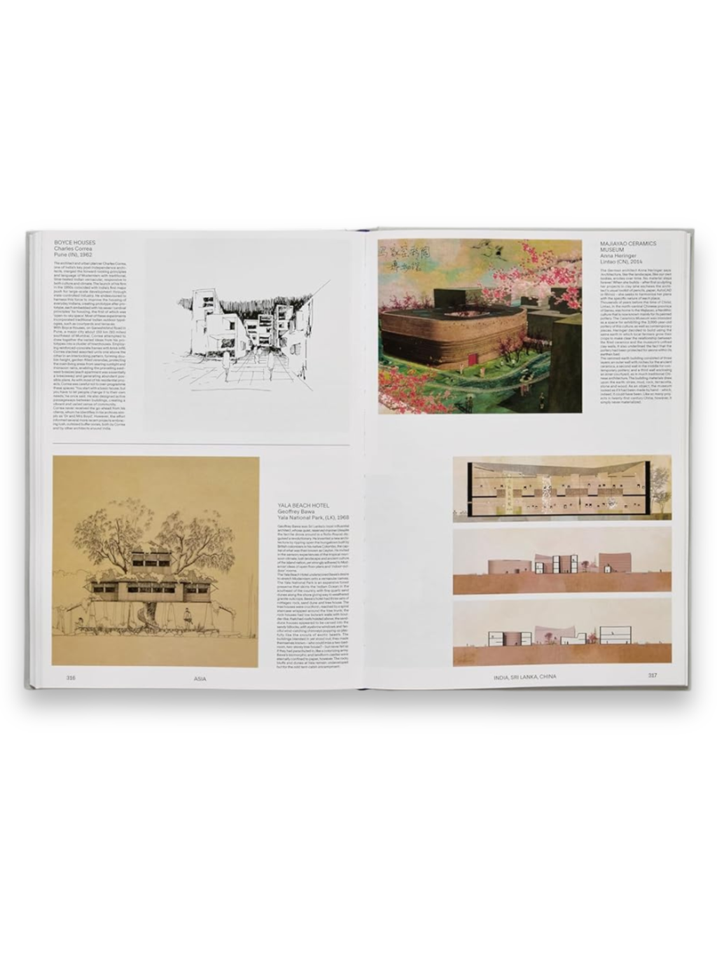 Book Atlas of Never Built Architecture, an open hardcover book showcasing detailed architectural drawings and rendered plans of unbuilt projects, including Charles Correa's Boyce Houses and Anna Heringer's Majiayao Ceramics Museum. This comprehensive architecture book is perfect for students, professionals, and enthusiasts interested in visionary design concepts.