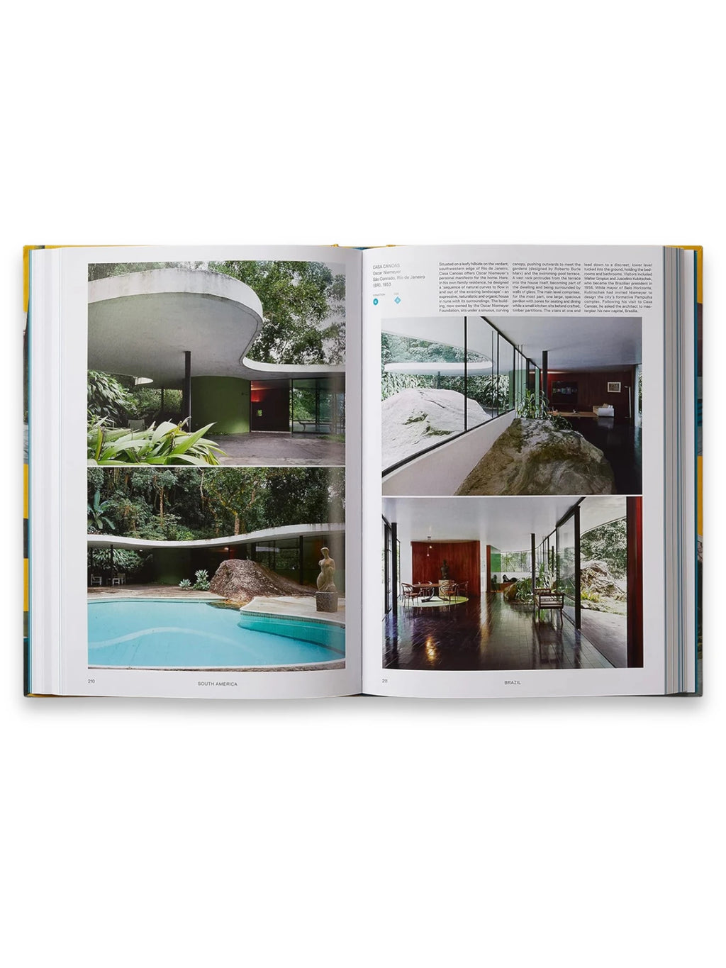 Book Atlas of Mid-Century Modern Houses, open to pages featuring vibrant photographs of Oscar Niemeyer's Casa Canoas in Brazil, showcasing its iconic curved concrete roof, lush tropical landscaping with a blue swimming pool, and sleek glass walls. This comprehensive architecture book is an essential resource for architects, design enthusiasts, and students interested in mid-century modern design.