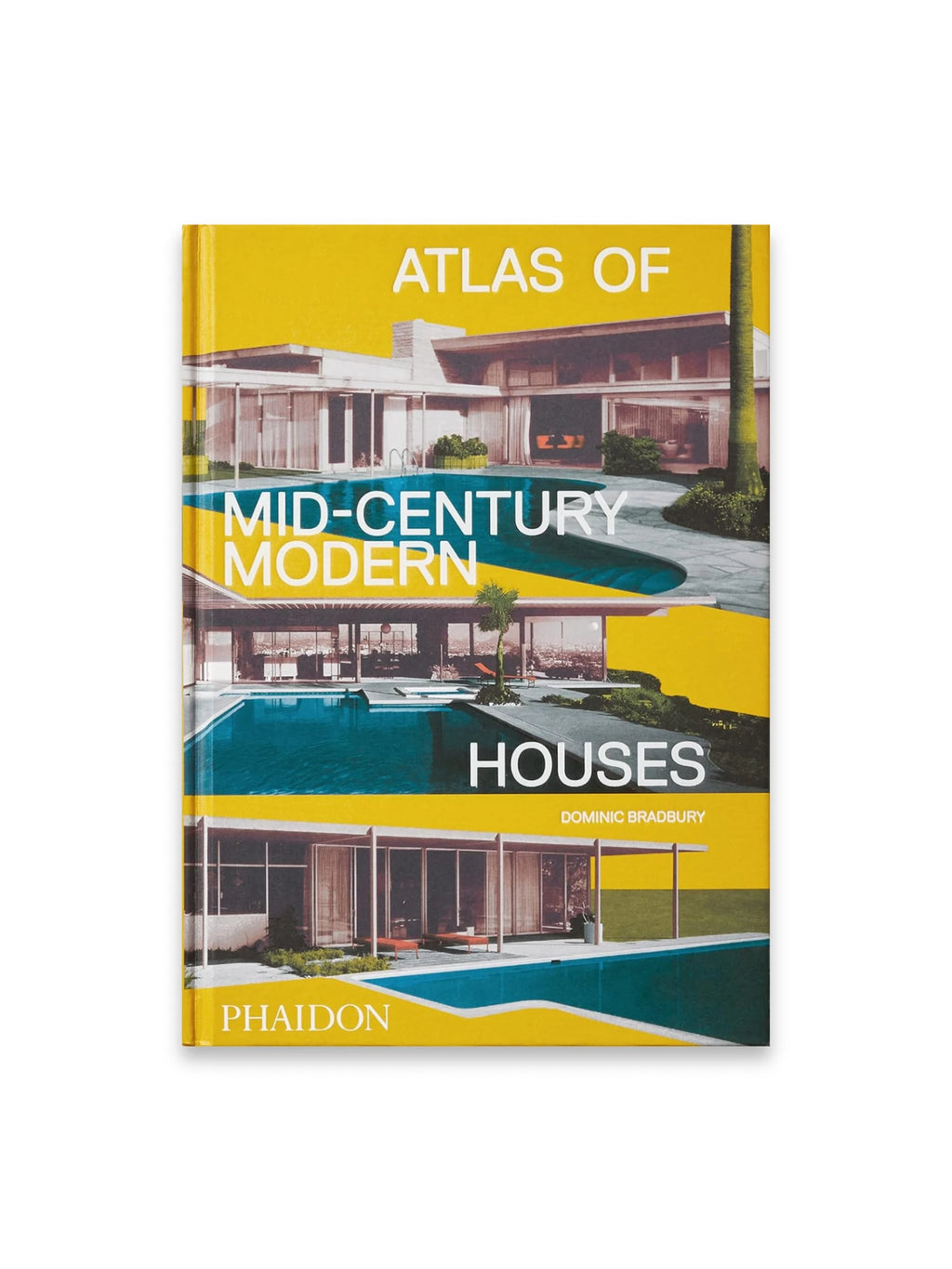 Book Atlas of Mid-Century Modern Houses, featuring a vibrant yellow and teal cover with collage images of iconic mid-century modern homes and swimming pools. This premium hardcover book is an excellent resource for architecture enthusiasts, designers, and anyone interested in vintage home design.