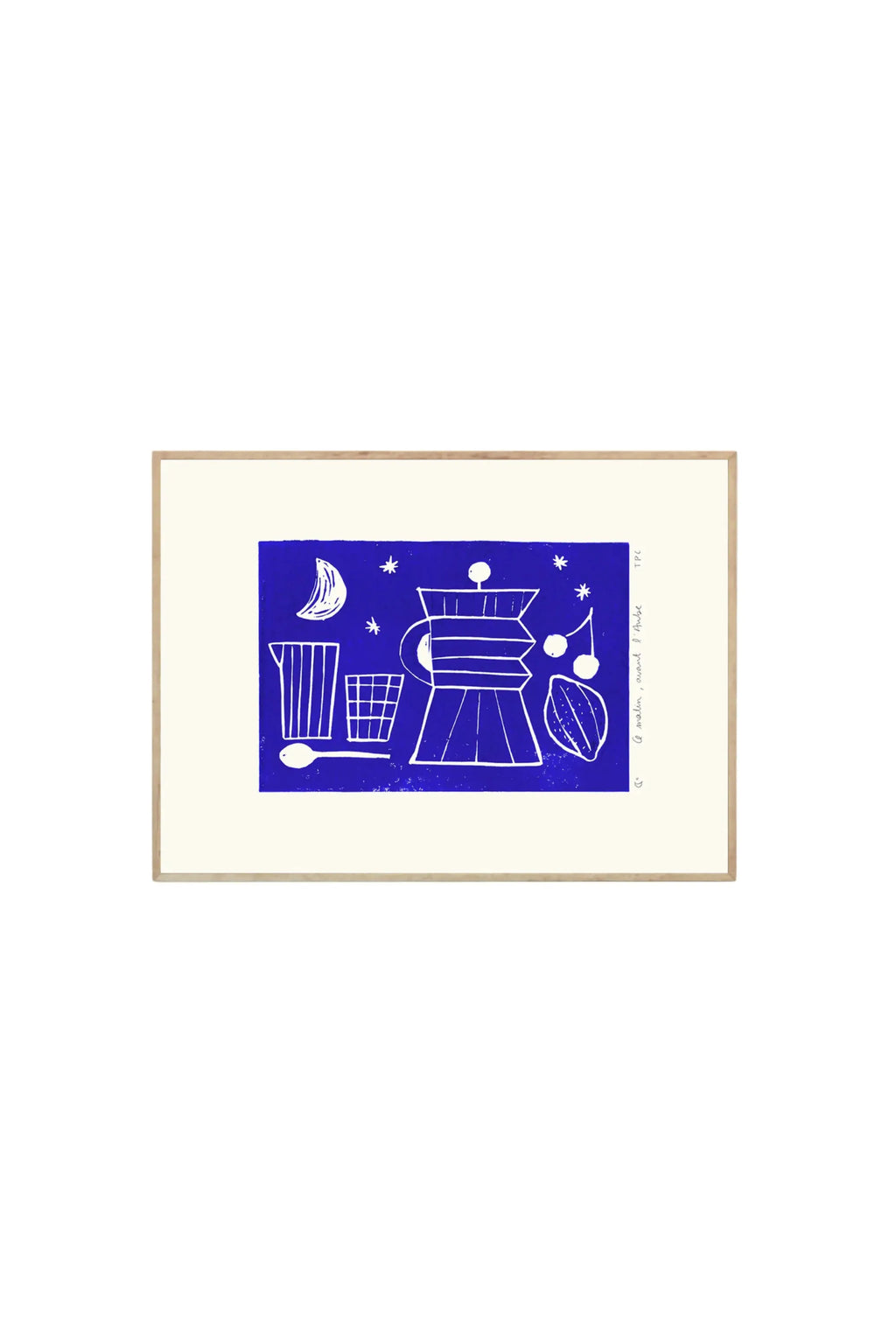 The Poster Club Aube - Art Print, a unique blue and white linocut-style poster featuring a coffee pot, spoon, and fruit under a crescent moon and stars, framed in natural wood. This modern wall art brightens any contemporary living space or kitchen for art enthusiasts.