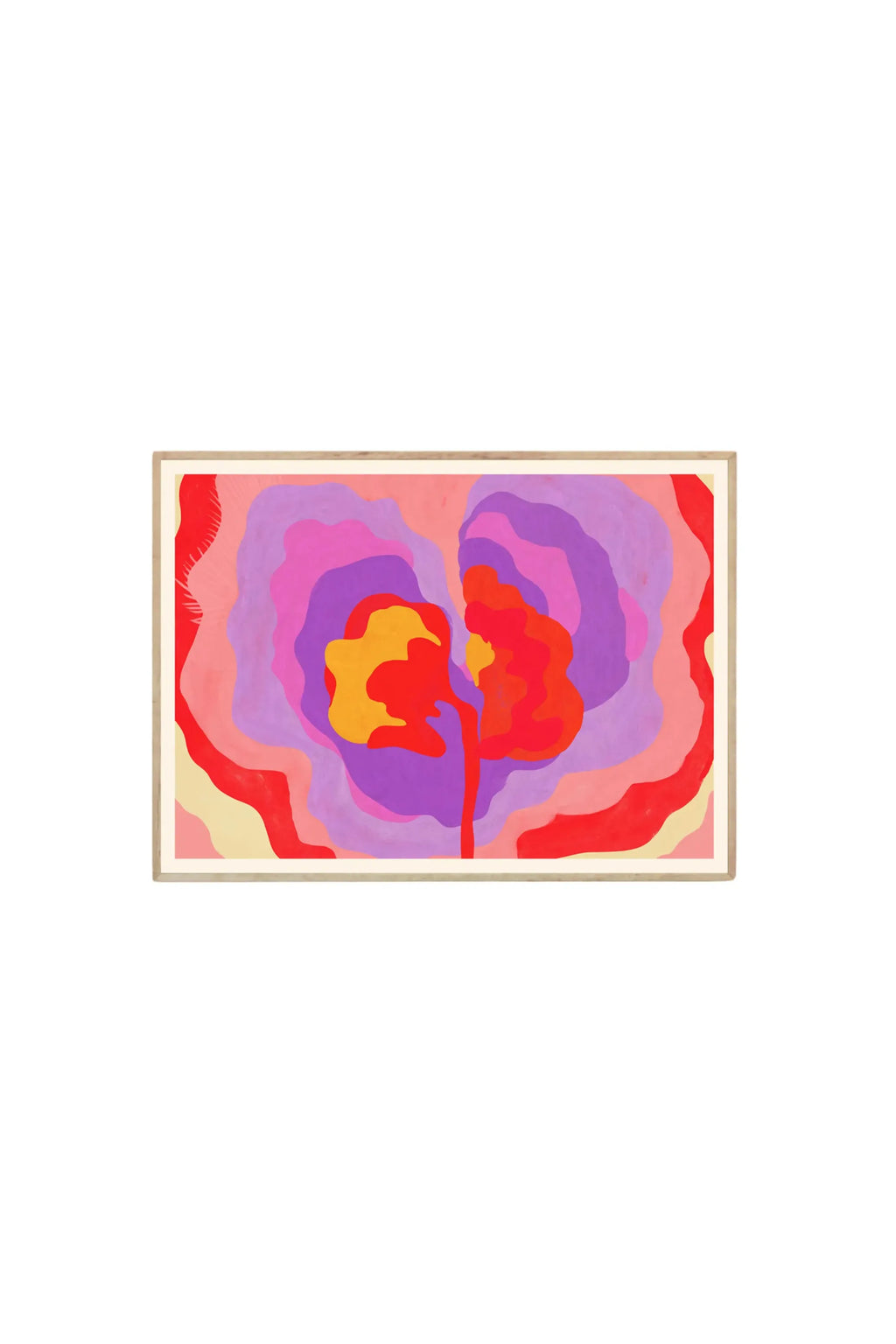 The Poster Club Aurora - Art Print, a vibrant abstract poster featuring organic shapes in bold shades of red, purple, pink, and yellow, framed by a light wooden border. This stylish art print is perfect for adding a pop of modern color to any contemporary living space or office.