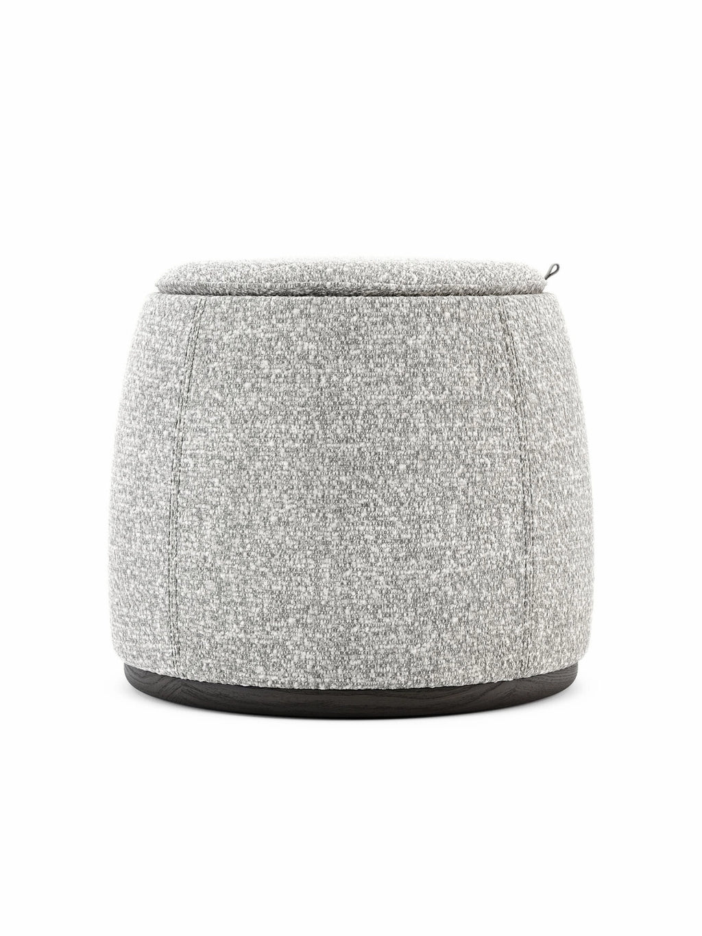 Domkapa Avery Pouf, a modern round storage ottoman upholstered in a light grey speckled bouclé fabric with a subtle texture, featuring a dark wood base and a lift-off top for hidden storage. This contemporary pouf is ideal for a living room accent, bedroom seating, or a stylish entryway footrest.