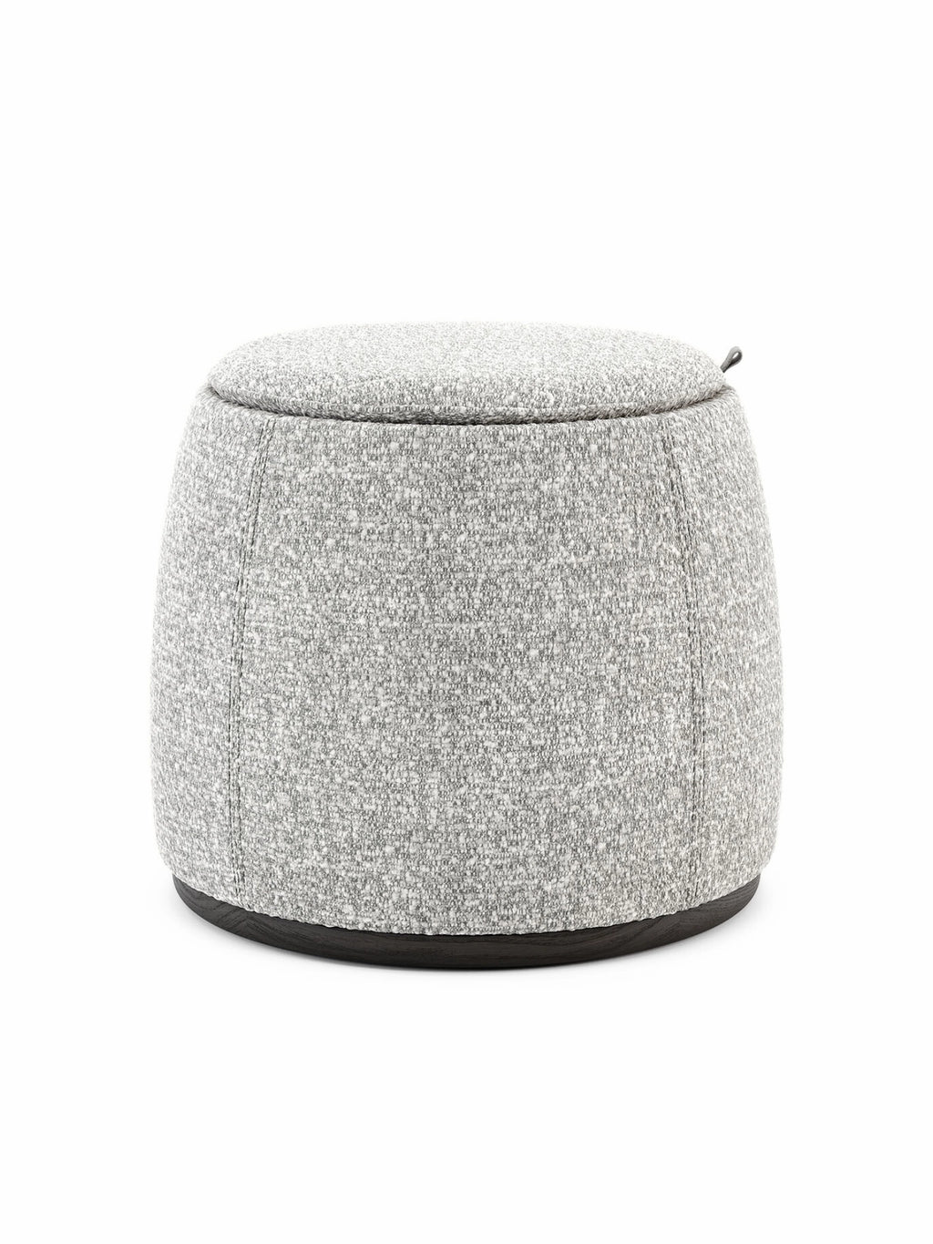 Domkapa Avery Pouf, a modern round storage pouf upholstered in a light grey textured bouclé fabric with a contrasting dark wood base and a subtle pull tab for easy access. This contemporary minimalist ottoman offers discreet storage and serves as versatile accent furniture for living rooms, bedrooms, or entryways.
