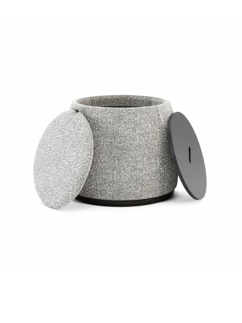 Domkapa Avery Pouf, a contemporary round storage pouf upholstered in a textured grey and white flecked fabric, featuring dual round lids – one upholstered in matching fabric and another smooth dark grey lid.