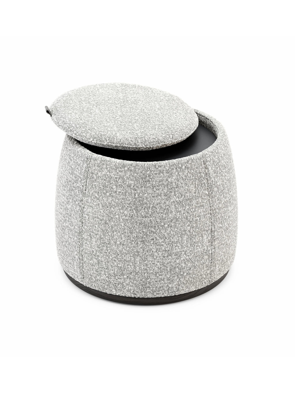 Domkapa Avery Pouf, a modern round storage ottoman upholstered in a light grey speckled bouclé-style fabric with a rich textured finish, featuring a subtly lifted lid that reveals spacious dark interior storage. This contemporary accent pouf boasts a sleek cylindrical silhouette and a dark minimalist base, perfect for adding functional style to living rooms, bedrooms, or entryways.
