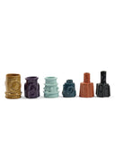 Set of six ceramic vases in various colors on a white background