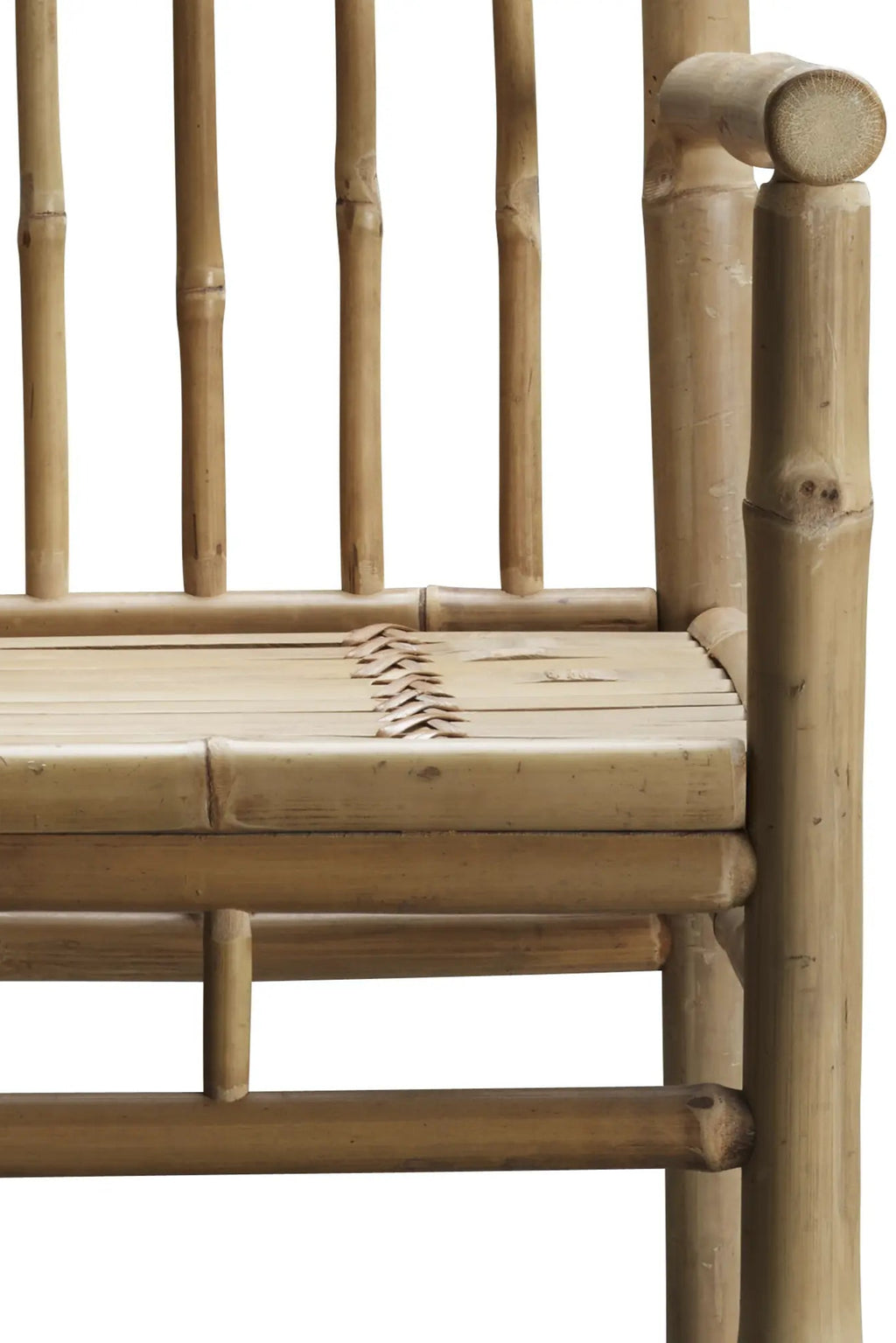 Tine K Outdoor Bamboo Dining Chair With Armrest - Set of 4, a natural bamboo dining chair featuring a light brown, segmented construction with a tightly woven bamboo slat seat and sturdy armrests, crafted from sustainably sourced bamboo. This organic modern chair set is perfect for rustic patio dining, coastal garden seating, or boho outdoor spaces.