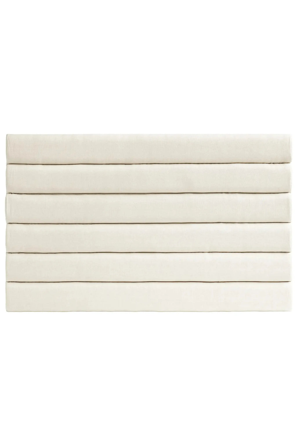 Tine K Linen Headboard, a natural cream-colored padded headboard crafted with soft, textured linen upholstery and a distinctive horizontal channeled design. This minimalist fabric headboard offers a cozy yet refined aesthetic, ideal for Scandinavian bedrooms, organic modern spaces, or elegant coastal-inspired master suites.