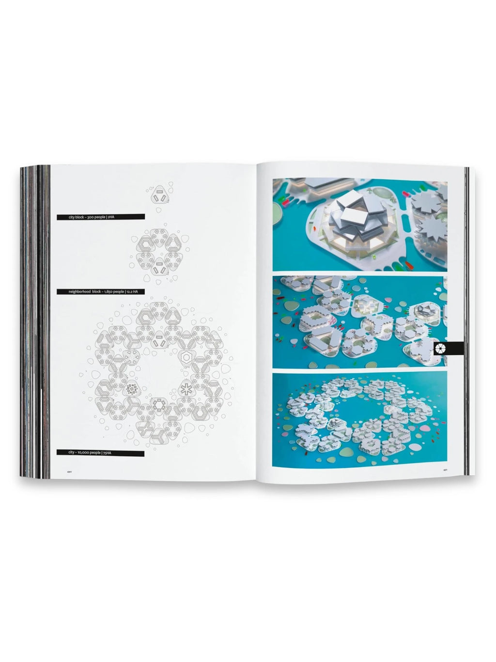 Book BIG – Formgiving, an open hardback book displaying intricate black and white architectural diagrams on the left page and vibrant 3D models of urban planning concepts on the right. This unique architecture book is perfect for design students, architects, and urban planners seeking inspiration.
