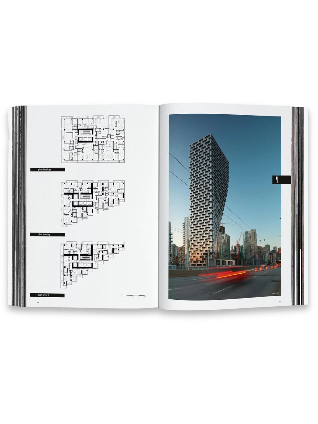 Book BIG – Formgiving, featuring detailed architectural floor plans on the left page and a striking photograph of a modern, twisting skyscraper against a blue sky on the right. This comprehensive architecture book is perfect for design students, architects, and urban planning enthusiasts.