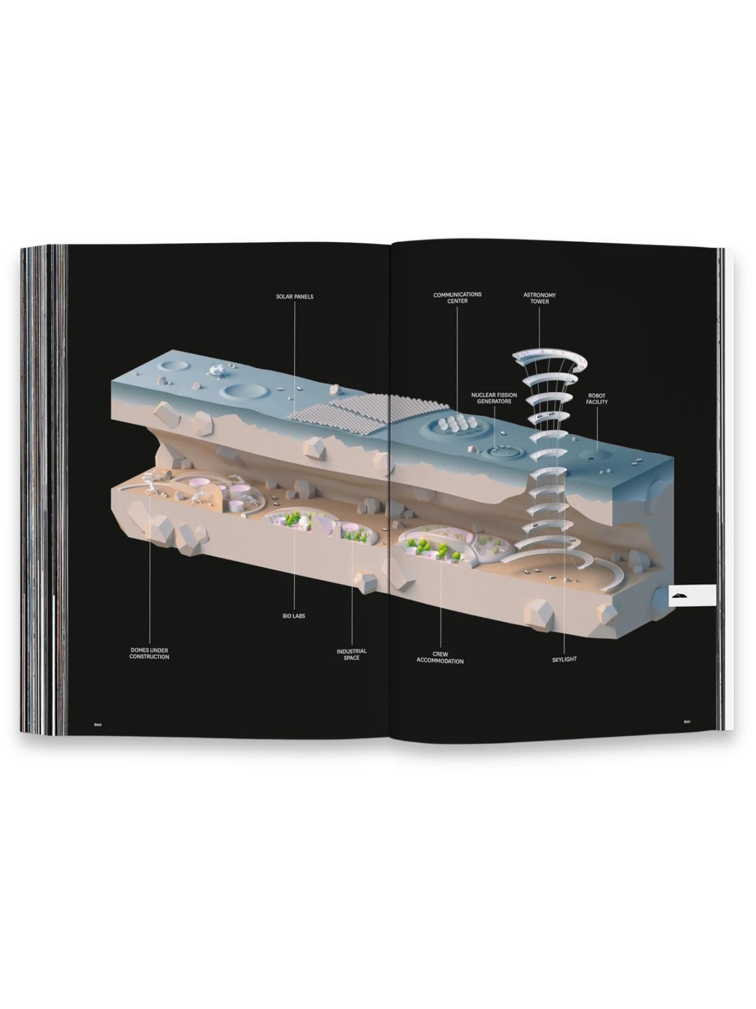 Book BIG – Formgiving, an open book displaying a detailed, futuristic architectural illustration of a lunar base with labeled sections like "Solar Panels" and "Astronomy Tower." This insightful design book is perfect for architects, designers, and enthusiasts of innovative concepts and future-forward design.