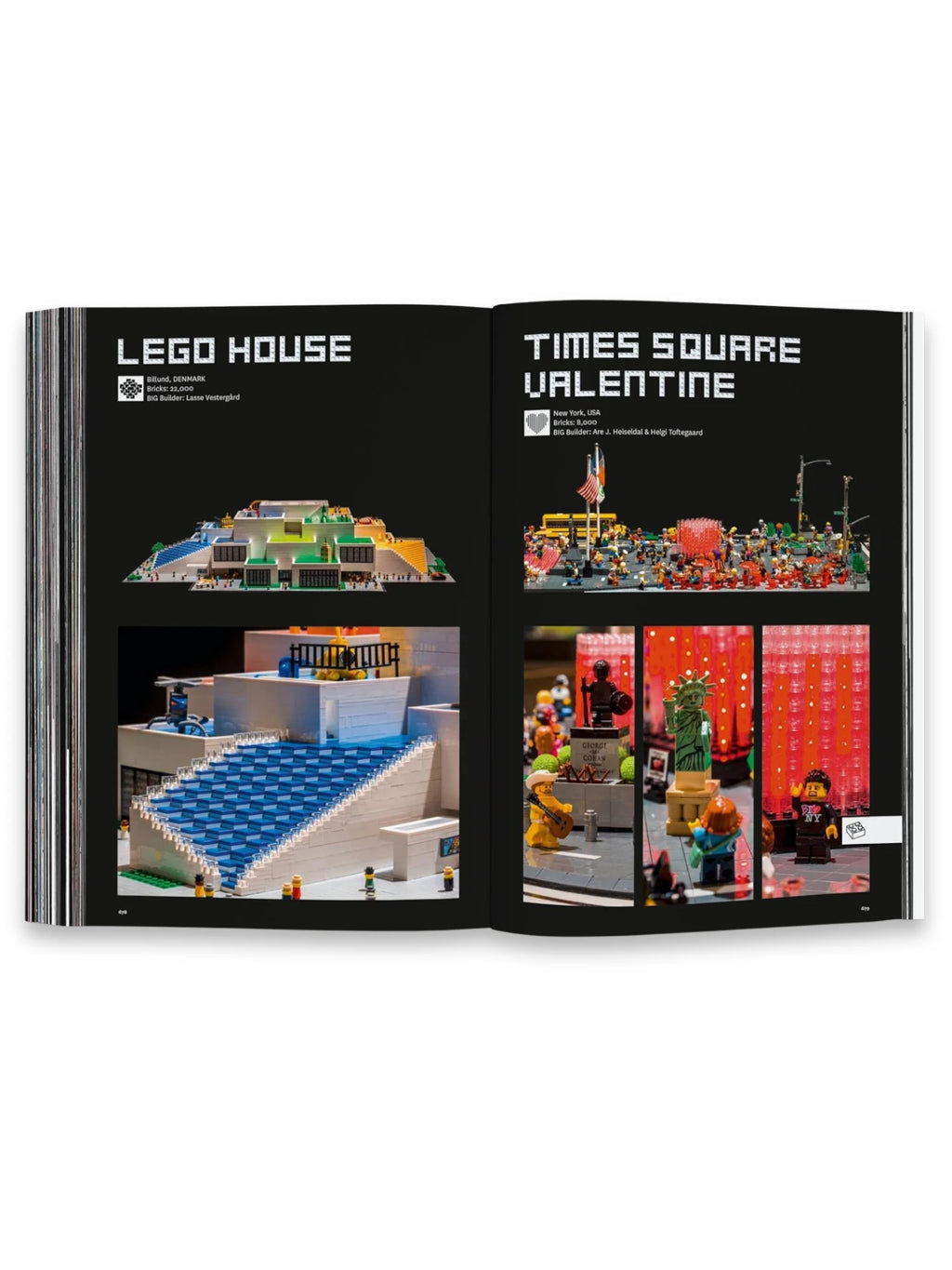 Book BIG – Formgiving, featuring a colorful spread of detailed LEGO architectural models, including the vibrant "LEGO House" and "Times Square Valentine" with minifigures. This captivating architecture book is perfect for design enthusiasts, LEGO fans, and students of innovative building concepts.