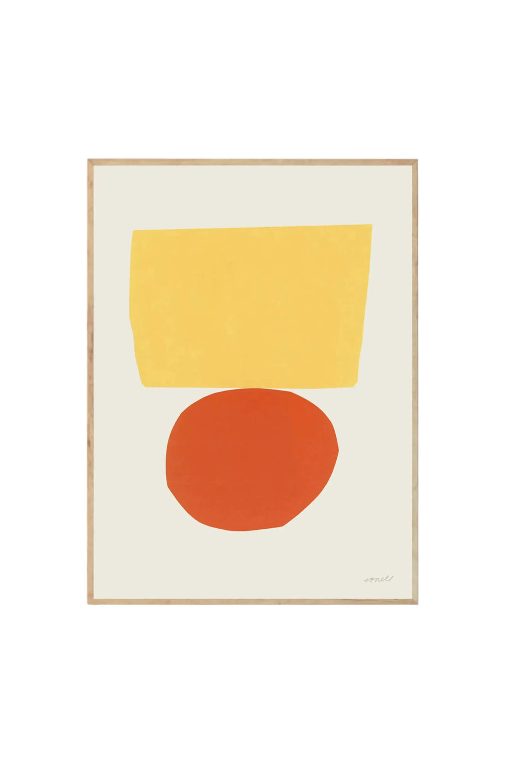 The Poster Club Balancing Act - Art Print, a modern abstract design featuring a mustard yellow rectangular shape balanced atop a vibrant orange oval, all set against a cream background and framed in light natural wood. This stylish graphic poster is perfect for contemporary decor enthusiasts looking for unique wall art.