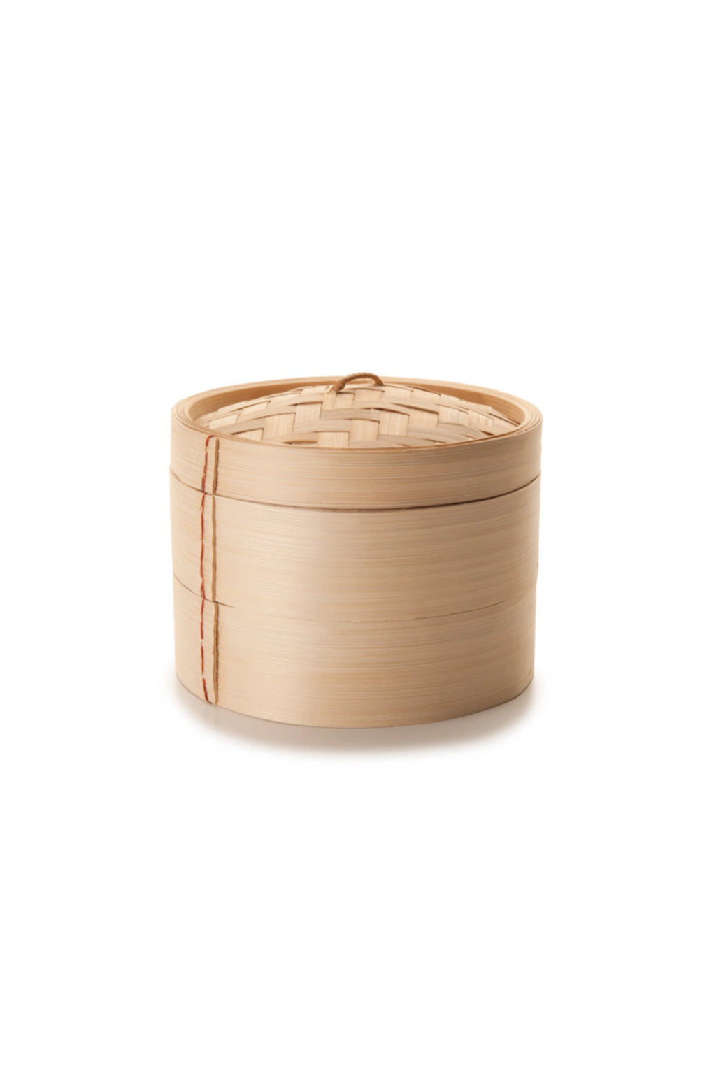 Ibili Bamboo Steamer, a round natural bamboo food steamer basket featuring a tightly woven lid with a braided loop handle and smooth, layered bamboo strips forming the main body in a light wood tone.