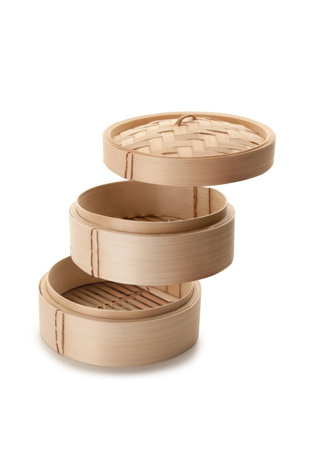 Ibili Bamboo Steamer, a versatile 2-tier natural bamboo steaming basket featuring smooth, light wood-toned bamboo strips forming the cylindrical tiers and a tightly woven, domed lid with.