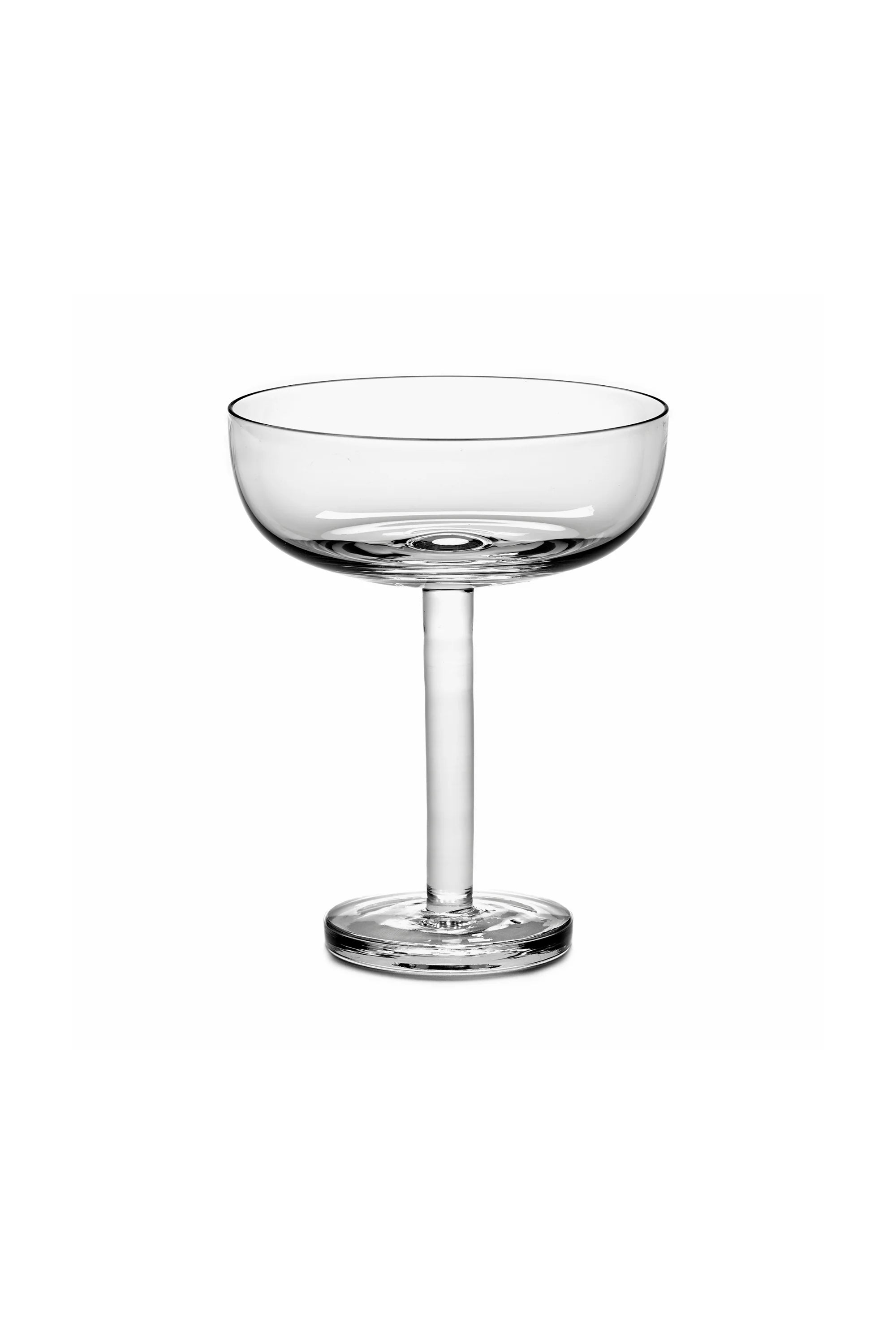 Clear glass champagne flute on a white background