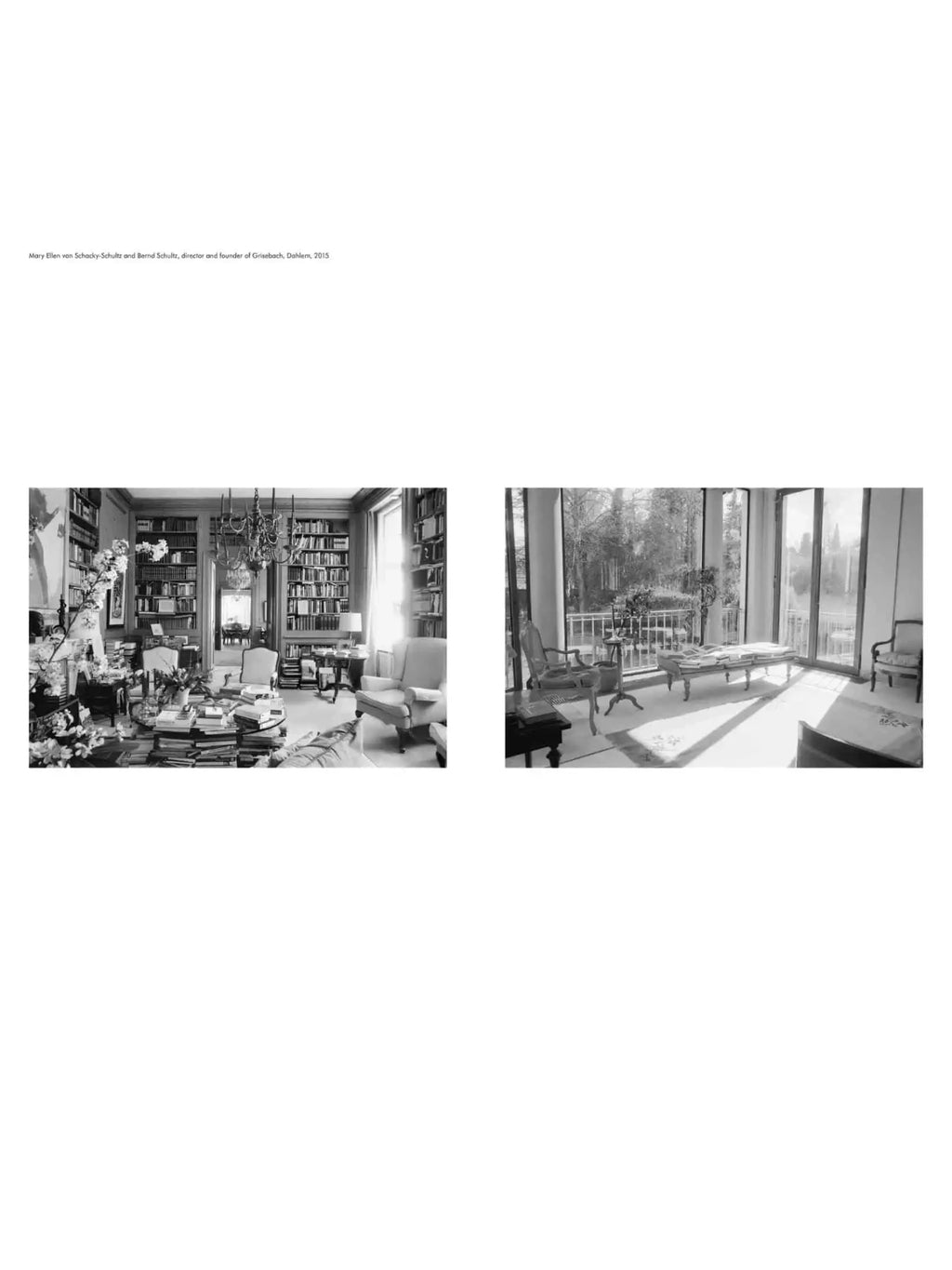 Book Berlin Living Rooms, a black and white interior design book showcasing two elegant Berlin living rooms. The image features a richly decorated library with tall bookshelves and a chandelier, alongside a bright, modern living space with large windows overlooking a garden. This premium book is perfect for interior design enthusiasts and architecture students seeking inspiration.