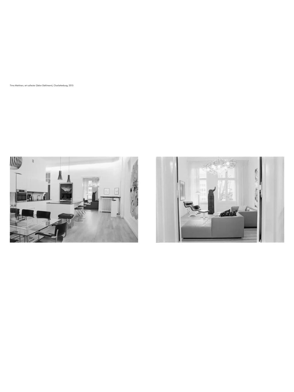 Book Berlin Living Rooms, two black and white photographs showcasing elegant, modern interior designs with clean lines, minimalist furniture, and large windows. This premium book offers inspiration for interior design enthusiasts and those interested in stylish urban living.