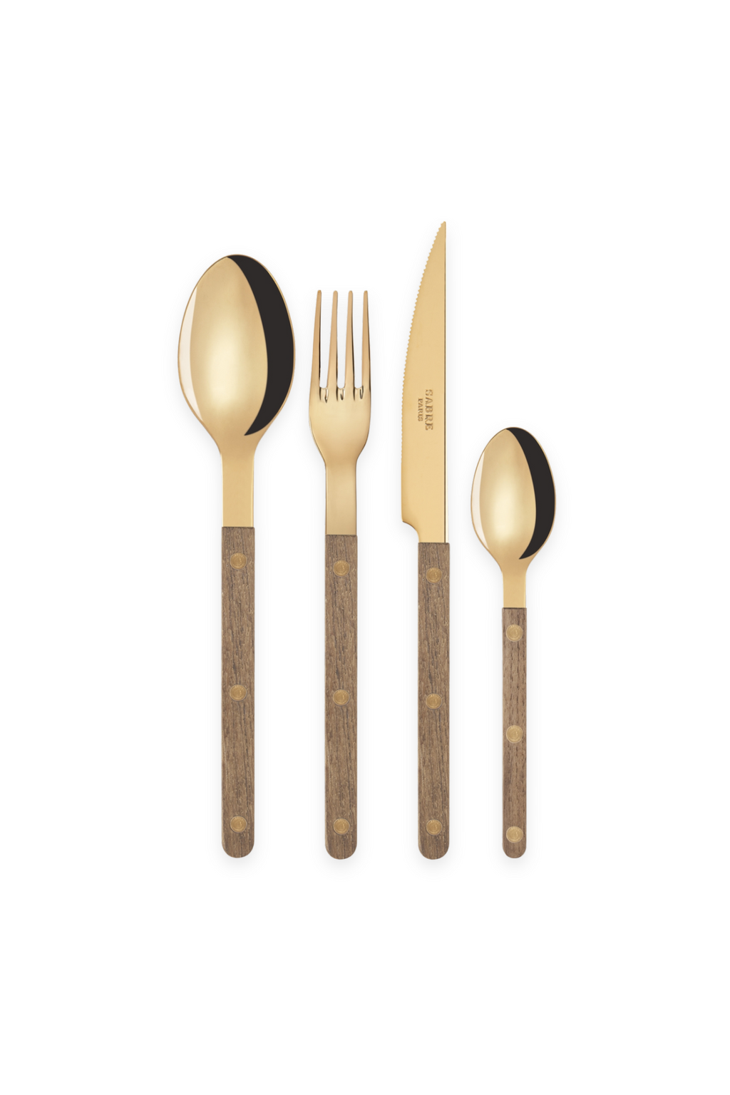 Sabre Paris Bistrot Gold Teak 4-Piece Cutlery Flatware Set, featuring polished gold-tone stainless steel heads and rich, textured teak wood handles with brass rivets. This stylish and durable flatware is perfect for enhancing elegant dinner parties or everyday dining experiences for those who appreciate premium kitchenware.