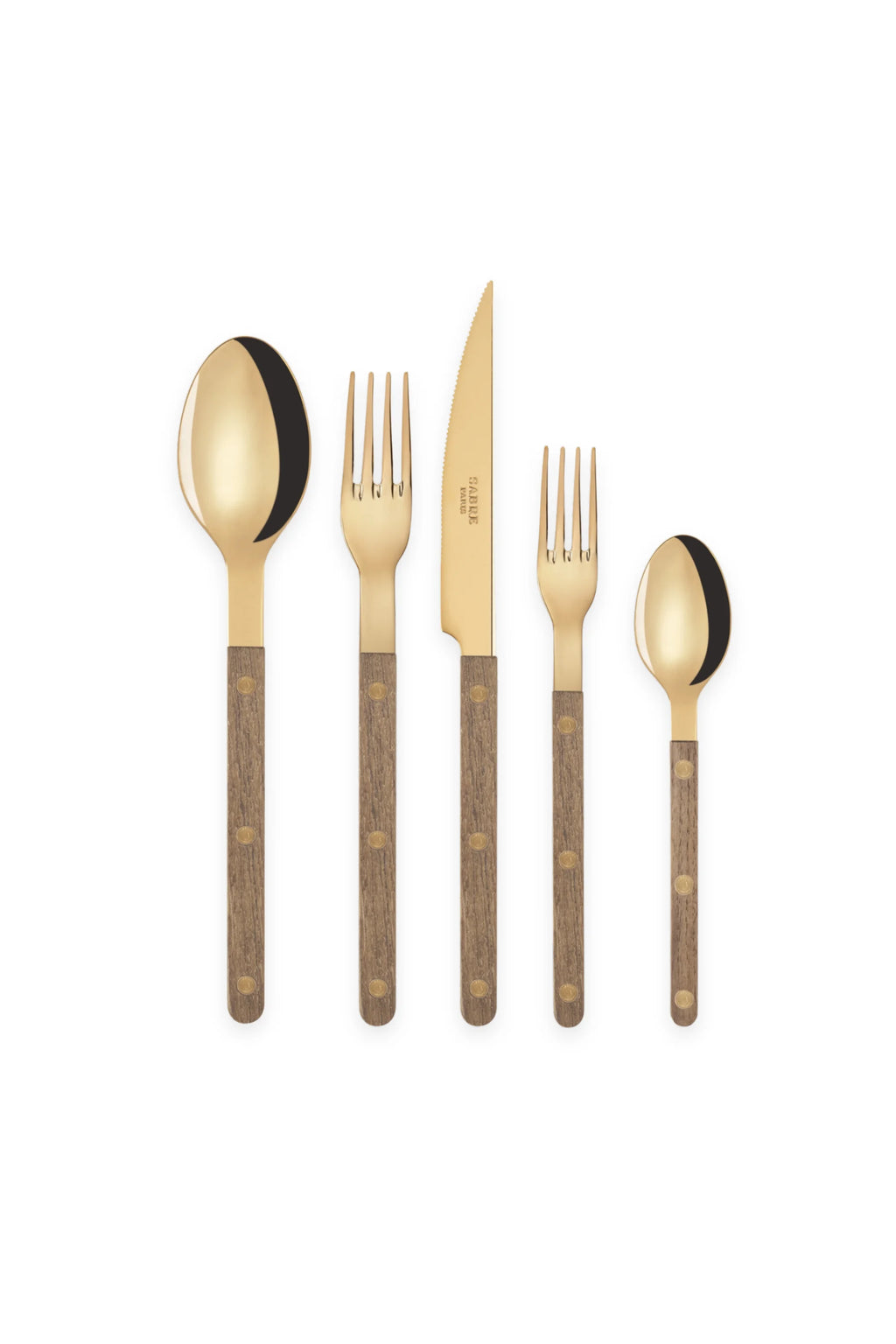 Sabre Paris Bistrot Gold Teak 5-Piece Cutlery Flatware Set, featuring luxurious gold-finished stainless steel and natural teak wood handles with brass rivets. This stylish and durable flatware is perfect for elevating everyday dining or special occasions for design-conscious individuals.