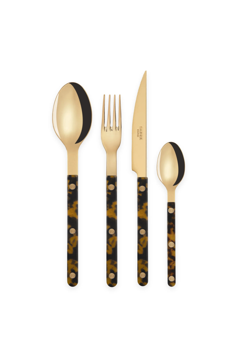 Sabre Paris Bistrot Gold Tortoise 4-Piece Cutlery Flatware Set, featuring polished gold-toned stainless steel with stylish dark brown and amber tortoise shell handles. This elegant and durable flatware set is perfect for enhancing modern dining experiences or special occasions for design-conscious hosts.