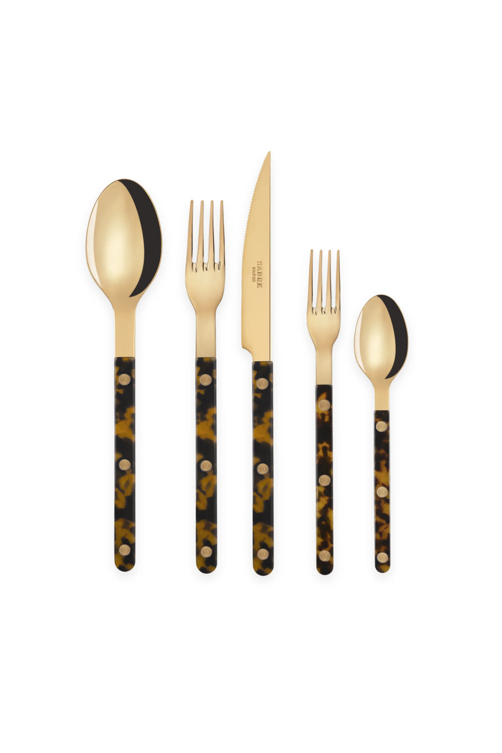 Sabre Paris Bistrot Gold Tortoise 5-Piece Cutlery Flatware Set, featuring polished gold-toned stainless steel with elegant dark amber and black mottled tortoise shell resin handles secured by gold rivets. This luxurious flatware set is perfect for sophisticated dining and entertaining, appealing to those who appreciate stylish and unique table settings.
