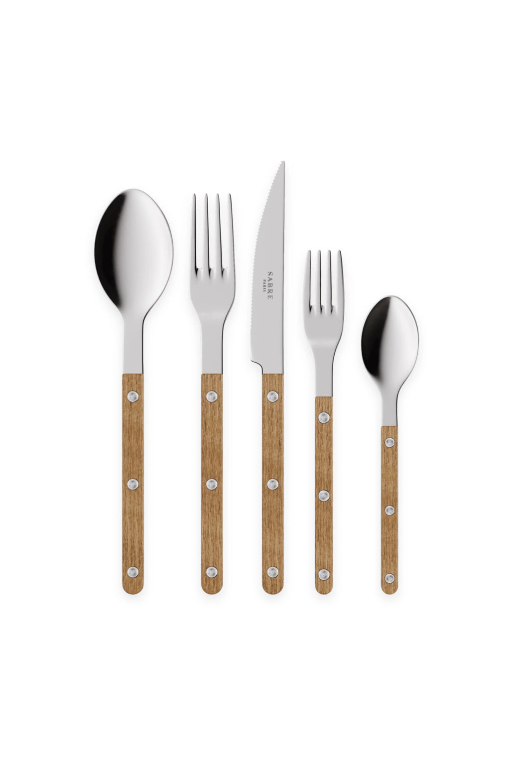 Sabre Paris Bistrot Teak 5-Piece Cutlery Flatware Set, featuring polished stainless steel heads and natural light brown teak wood handles with three visible silver rivets each. This elegant and durable set is perfect for sophisticated home dining and entertaining.