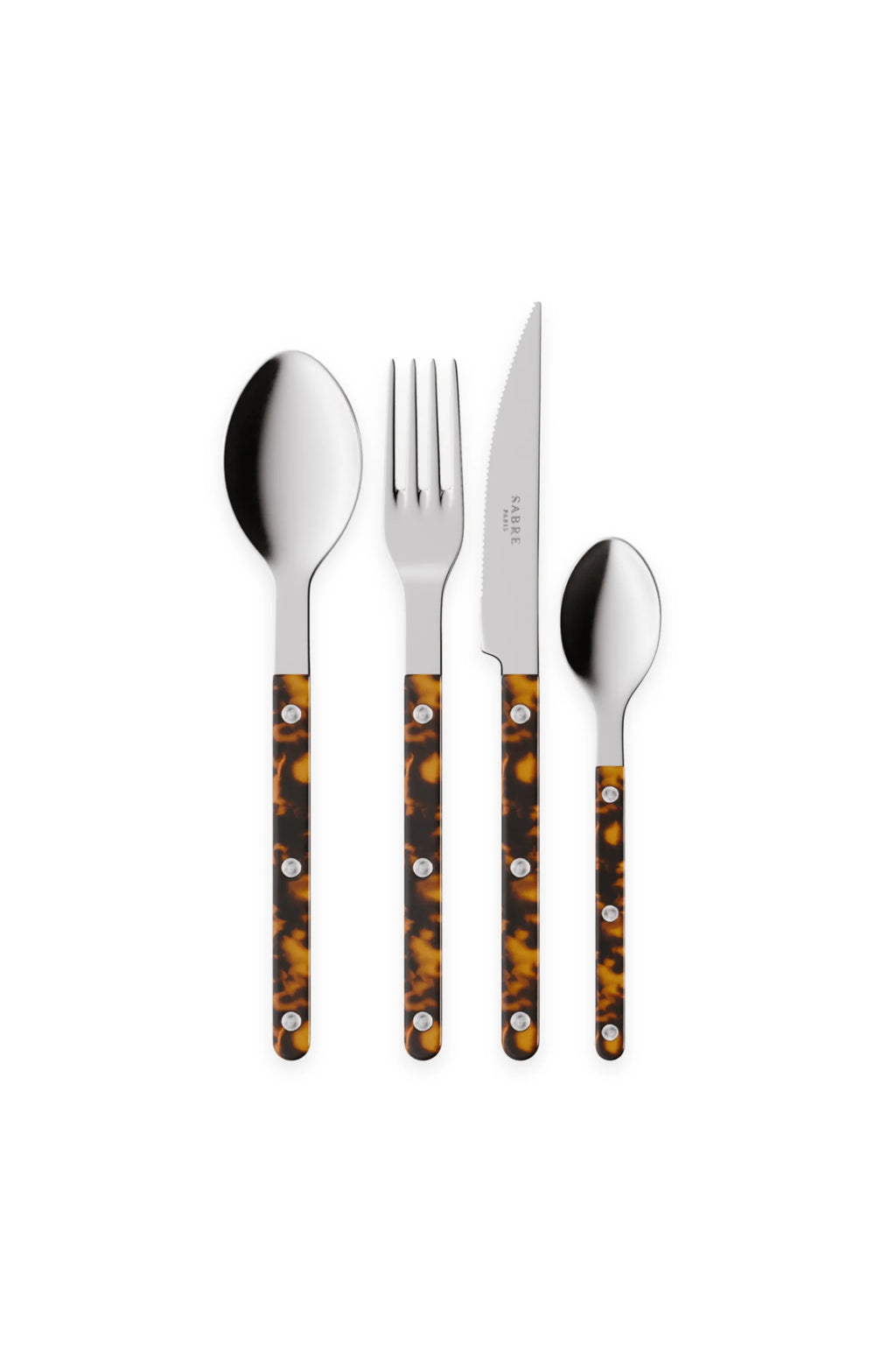 Sabre Paris Bistrot Tortoise 4-Piece Cutlery Flatware Set, featuring polished stainless steel heads and elegant tortoise shell-patterned resin handles with visible silver rivets. This stylish and durable flatware is perfect for adding a chic touch to everyday meals or special occasions for contemporary diners.