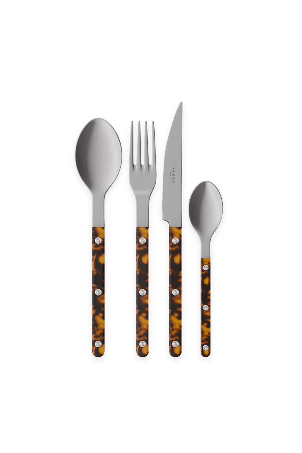 Sabre Paris Bistrot Vintage Tortoise 4-Piece Cutlery Flatware Set, featuring polished stainless steel utensils with elegant, mottled brown and amber vintage tortoise resin handles. This stylish and durable flatware set is perfect for enhancing any modern dining experience for design-conscious hosts.