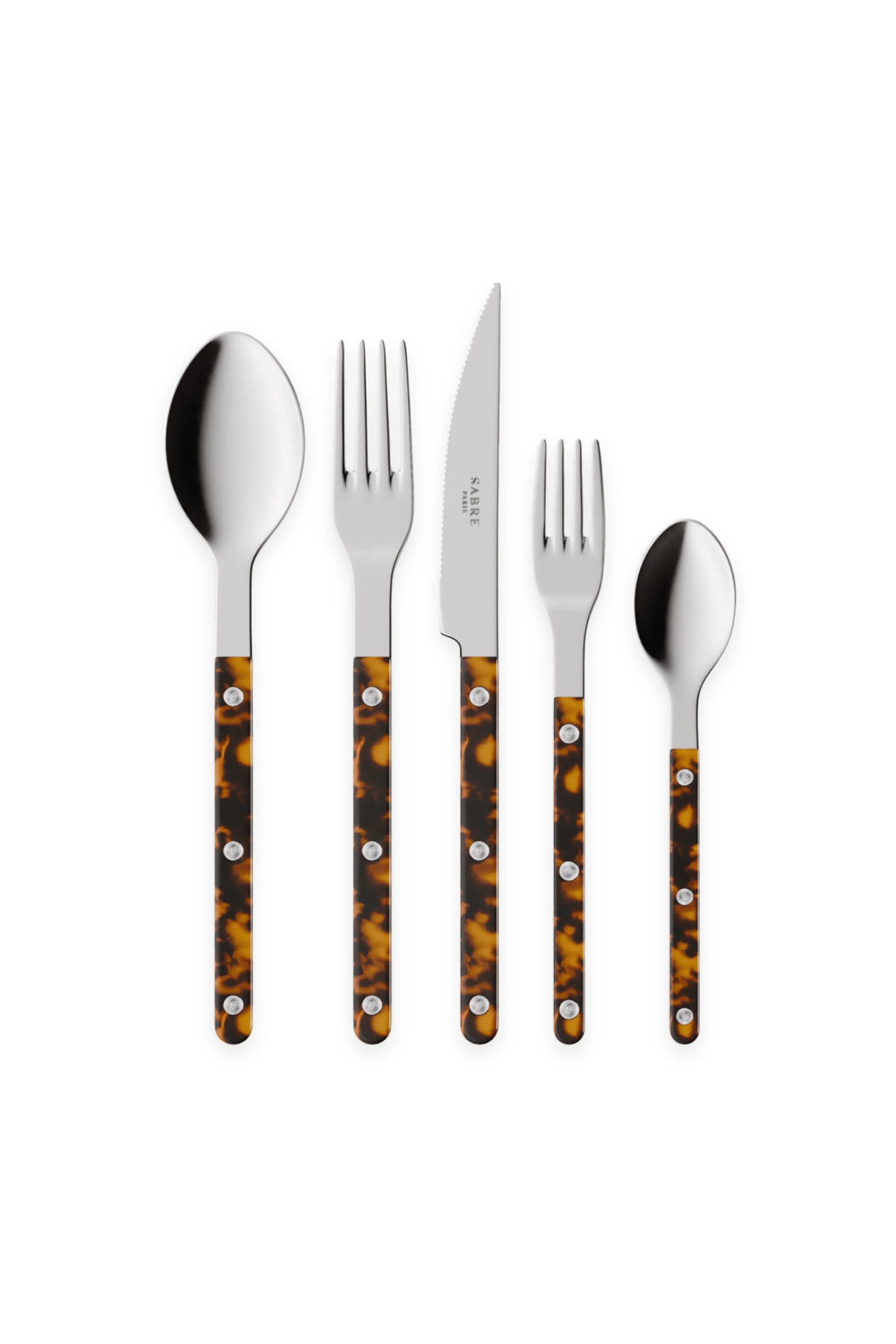 Sabre Paris Bistrot Tortoise 5-Piece Cutlery Flatware Set, featuring polished stainless steel heads and elegant amber and brown tortoise shell pattern handles with silver rivets. This stylish and durable flatware set is perfect for enhancing everyday dining or special occasions for home entertainers.