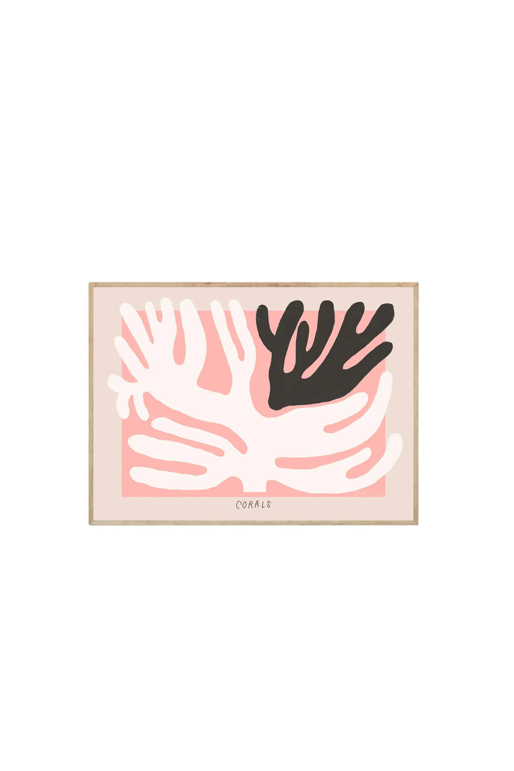 The Poster Club Black And White Corals - Art Print, a stylish modern poster featuring abstract coral shapes in white and black against a light pink background, framed in light wood. This contemporary art print is ideal for minimalist home decor enthusiasts.