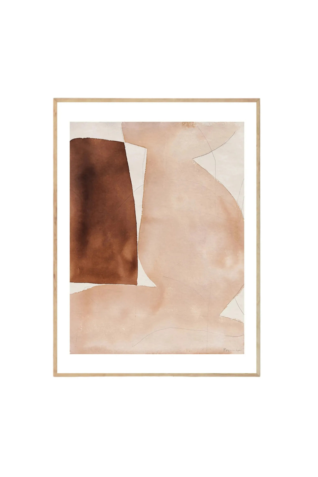 The Poster Club Bloom - Art Print, an abstract poster featuring organic shapes in earthy tones of dark brown and light beige, framed in light natural wood. This modern wall art is ideal for those seeking stylish, contemporary decor for their living space or office.
