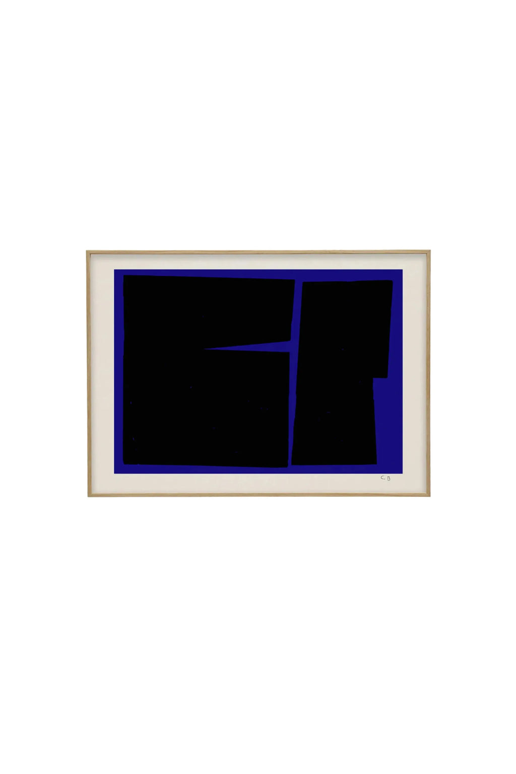 The Poster Club Blue Geometric 02 - Art Print, featuring bold black geometric shapes with subtly textured edges against a vibrant royal blue background, framed in a sleek light brown wooden frame with a white mat. This modern abstract poster is perfect for contemporary art lovers seeking stylish wall decor.