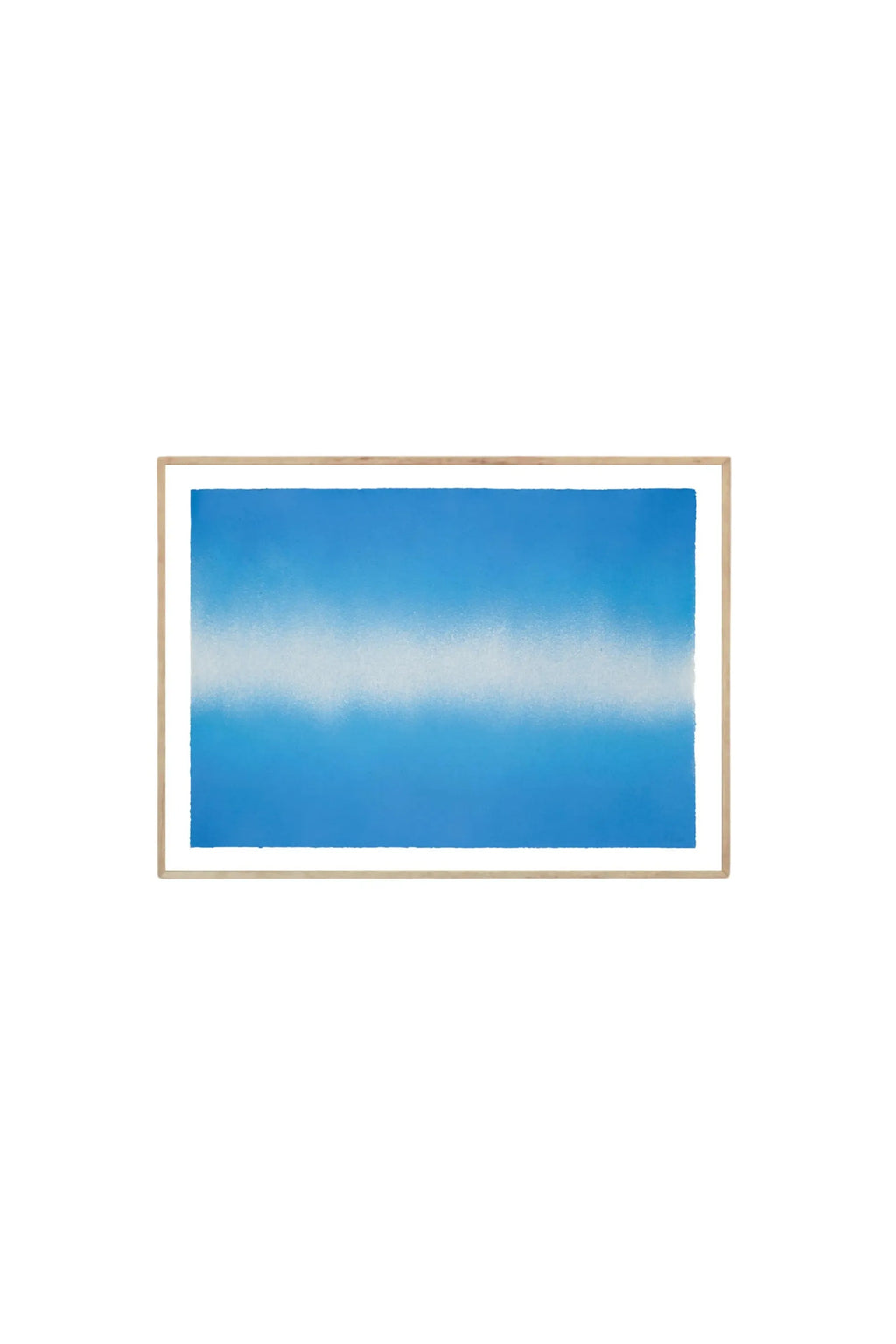 The Poster Club Blue Interstellar - Art Print, featuring a serene blue abstract design with a horizontal band of textured white, resembling a cloud or mist, within a light natural wood frame. This modern poster is perfect for art enthusiasts and those seeking tranquil wall decor for contemporary living spaces.