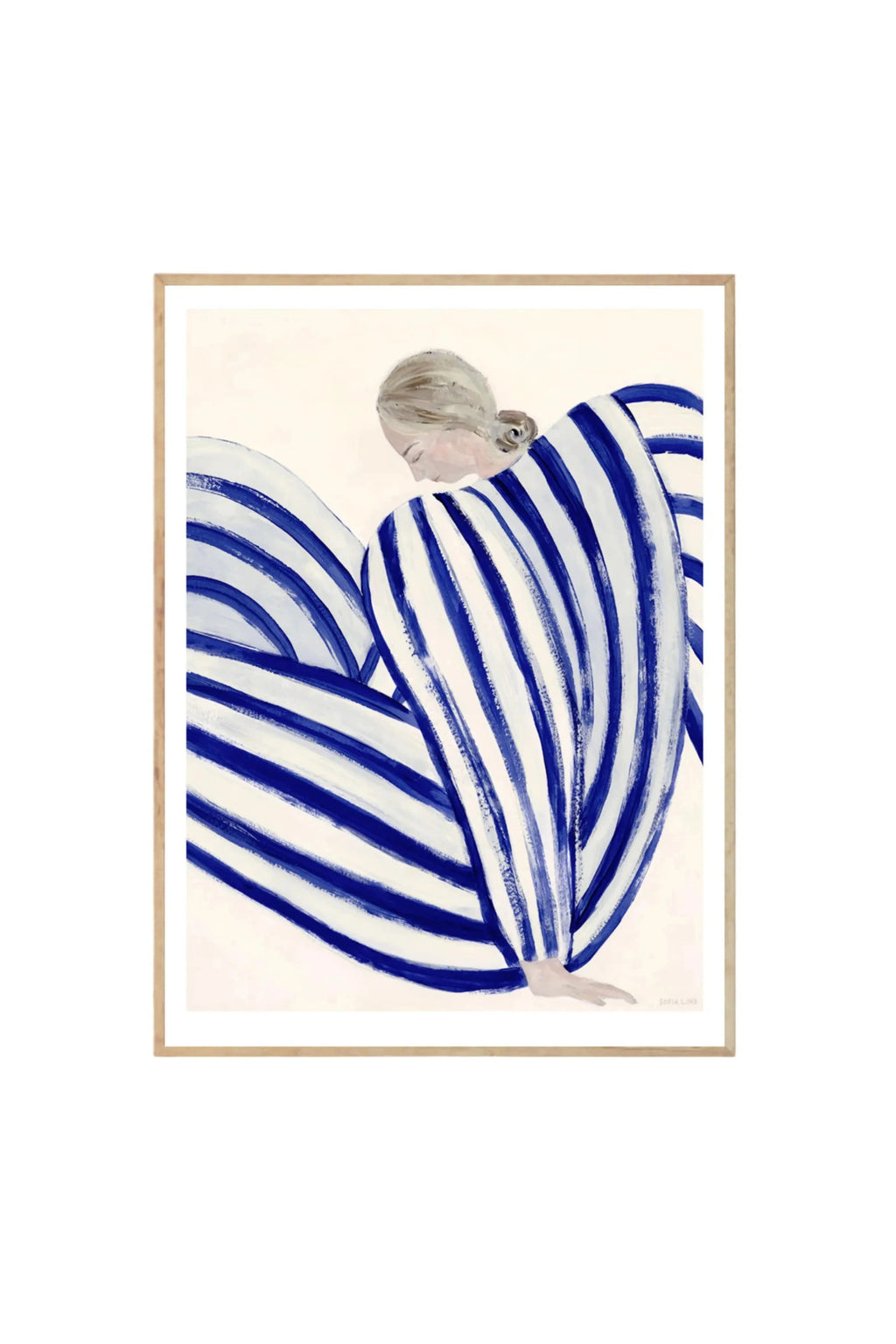 The Poster Club Blue Stripe At Concorde - Art Print, a minimalist illustration featuring a figure in a blue and white striped garment, sitting with head bowed, framed in natural wood. This premium wall art is perfect for adding a stylish, calming touch to modern living spaces.